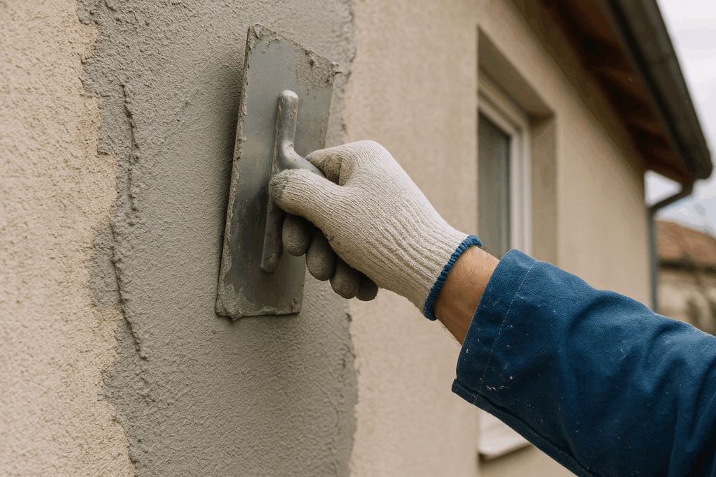 ouvrier qui applique un enduit sur une façade de maison
