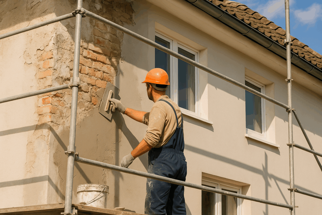 ouvrier qui travaille sur la rénovation d'une façade