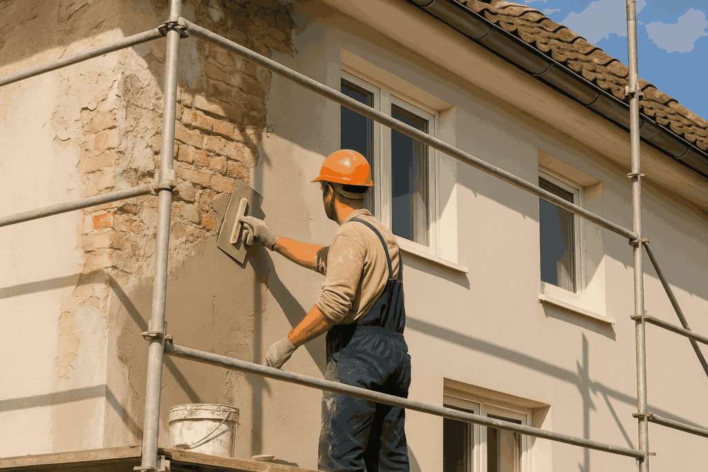 ouvrier qui rénove une façade