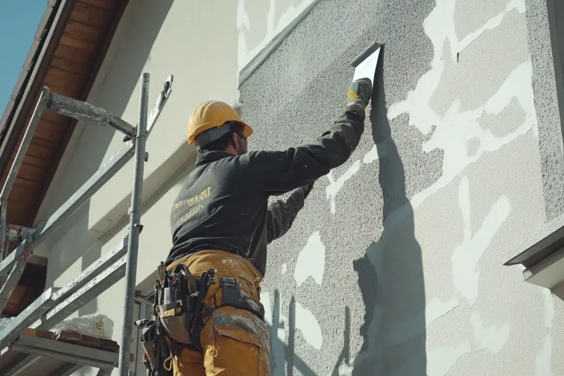 ouvrier qui renove une facade